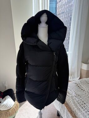 Mackage Black Hooded Down Puffer Jacket, small patched tear at bottom right.